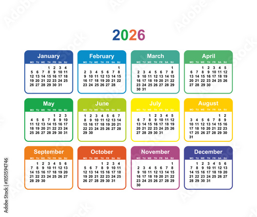 Calendar grid 2026 colorful vector Simple layout of pocket or wall calendar