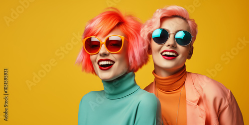 Colorful portrait of stylish beautiful happy two women with bright hairstyles, dyed colored hair