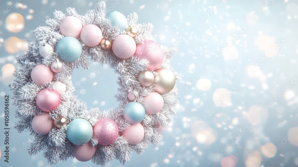 Enchanting wreath with ornaments and snow, a festive holiday decoration for winter cheer