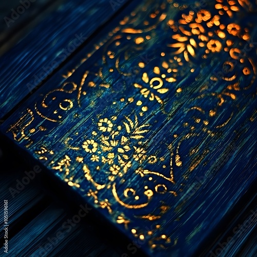 A Close-Up of a Blue Wooden Surface with Golden Floral Designs photo