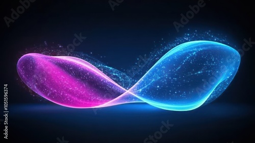 A vibrant digital illustration of flowing pink and blue waves with sparkles.