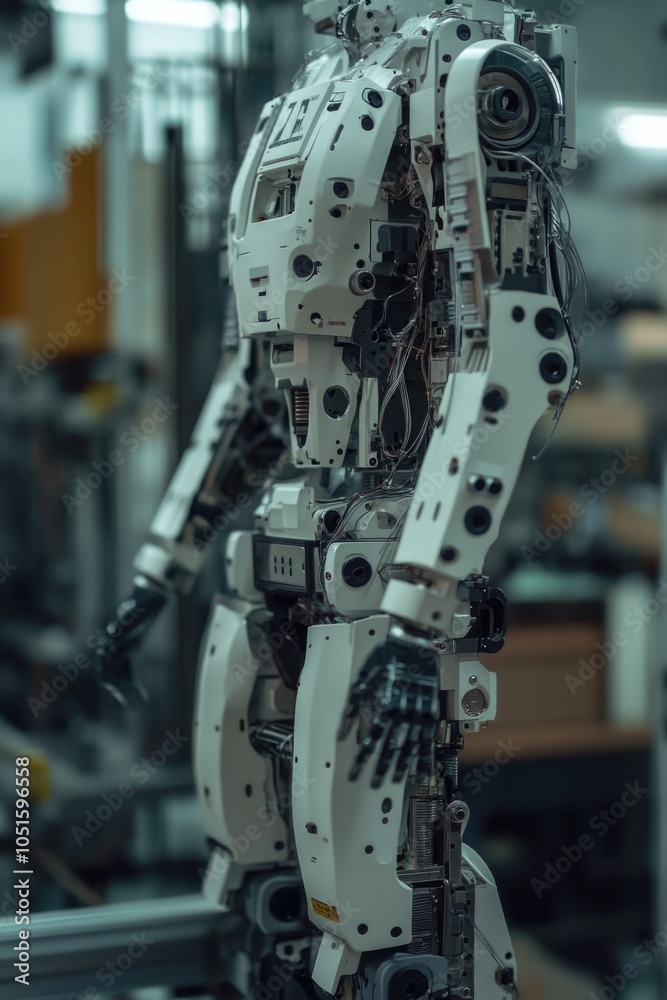 A close-up view of a robot in a factory environment A close-up view of a robot in a factory environment