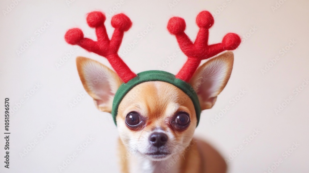 Festive Dog Wearing a Green Headband with Red Reindeer Antlers Decorated with Stitched Seams and Red Pompoms in a Christmas-Themed Scene Festive Dog Wearing a Green Headband with Red Reindeer Antlers Decorated with Stitched Seams and Red Pompoms in a Christmas-Themed Scene