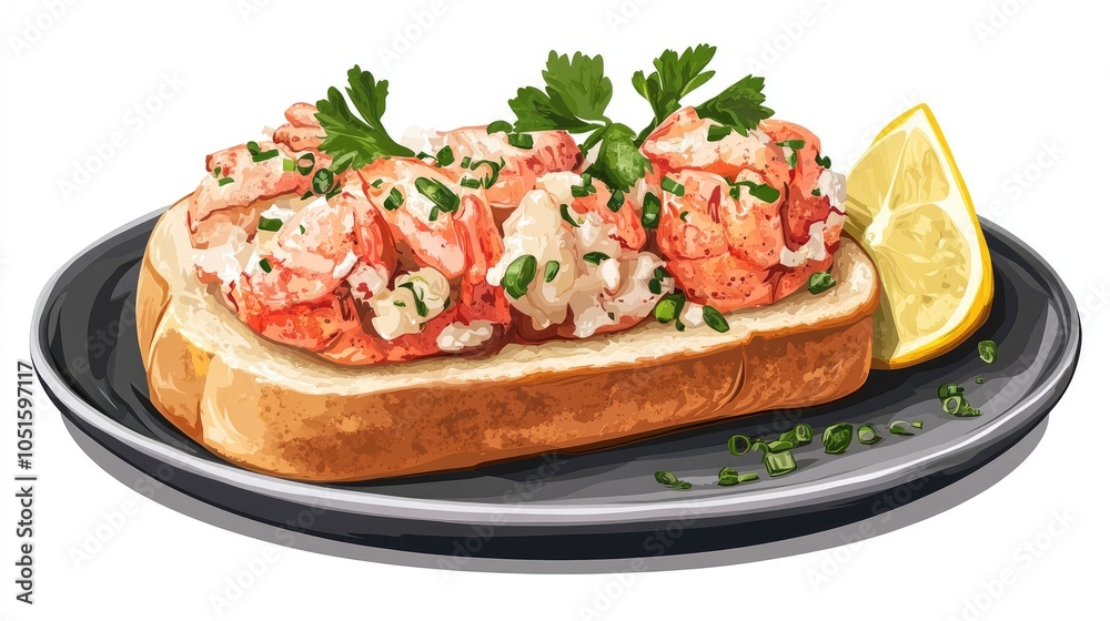 A delicious lobster sandwich on a plate with a lemon wedge. A delicious lobster sandwich on a plate with a lemon wedge.