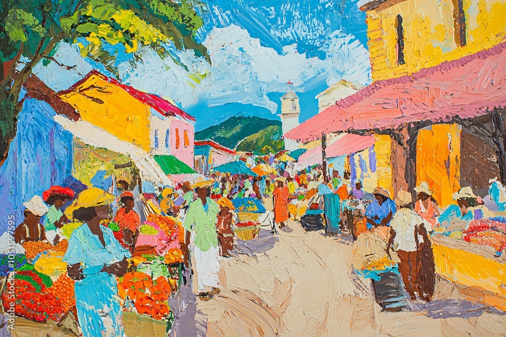 Fototapeta premium Saint Vincent features a vibrant marketplace brimming with local artisans offering unique crafts and fresh goods, reflecting its rich culture.