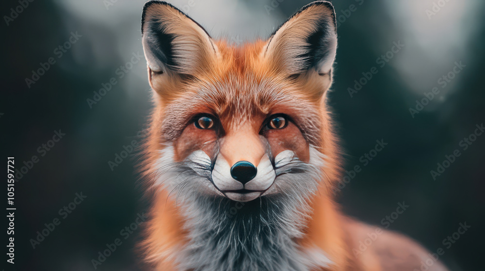 Fototapeta premium close up of red fox showcasing its vibrant fur and expressive features, set against blurred natural background. fox appears curious and alert, embodying essence of wildlife