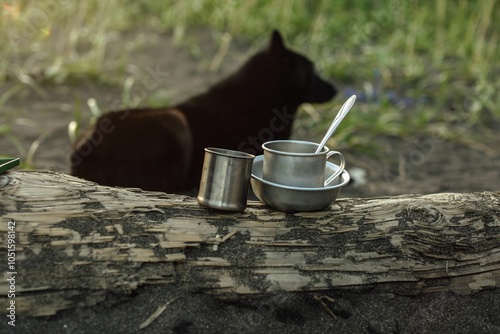 Black dog resting near camping cookware photo