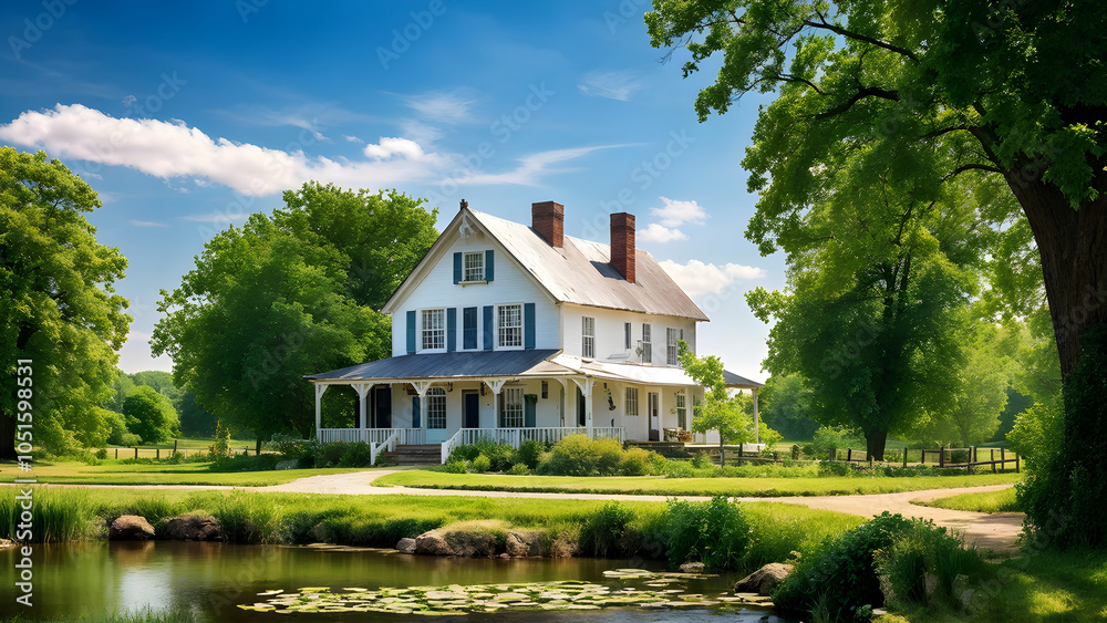 Obraz premium house,pond,tree,sky,generative ai