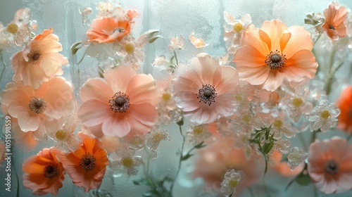 Soft focus scene of colorful flowers viewed through a frosted glass pane, creating a dreamy and ethereal atmosphere.