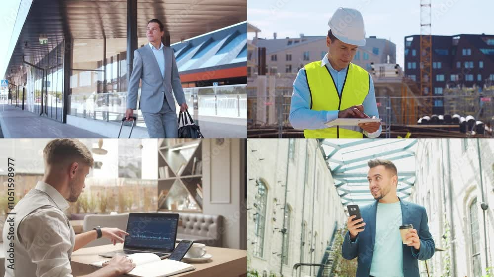 Multi screen business collage made of many different footages with business people working in office or outdoor. Technology, investment, money and teamwork concept.