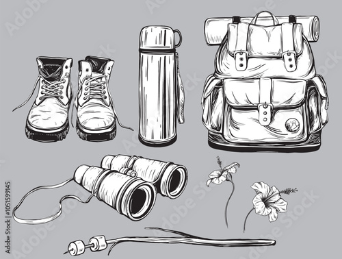 Camping clipart Backpack and binocular. Tourist set of vector illustrations in ink linear style Thermos and fried marshmallow. Black Hiking boots for tourism trip or hiking. Flowers hibiscus isolated