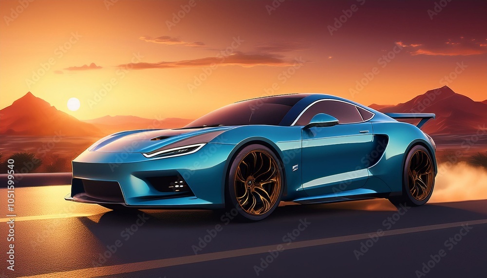 Fototapeta premium Font of a blue sport luxury car in sunset light
