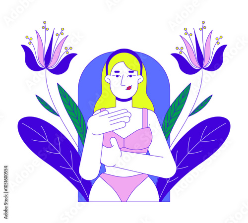 Breast cancer self check 2D illustration concept. Early detection mastopathy. Caucasian white woman in bra examining herself cartoon character isolated on white. Metaphor abstract flat vector graphic