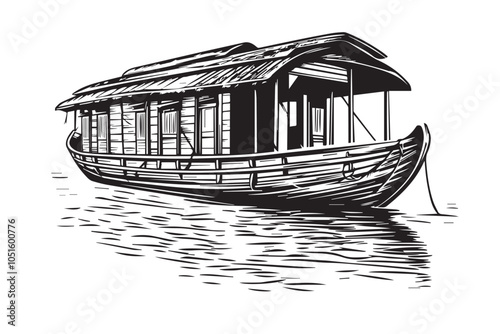 Vintage Woodcut Illustration of Kerala Houseboat on Lake for Indian Tourism Art