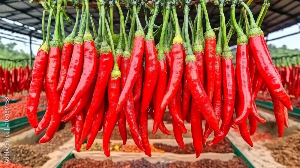 Red Chili Peppers Hanging In Drying Rack   Fresh Spicy Harvest