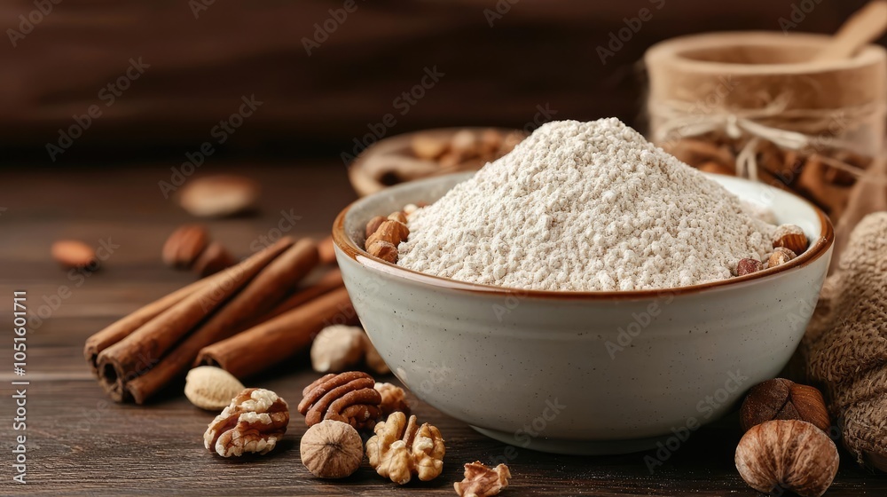 Bowl of flour surrounded by nuts and spices on wooden table.