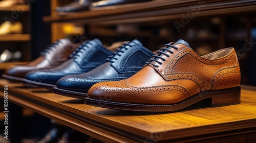 Brown Leather Brogue Shoe with Perforated Detail on Wooden Shelf photo