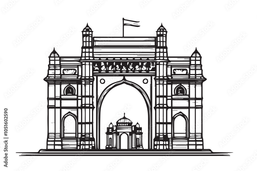 Obraz premium Vintage Woodcut Illustration of Historic Indian Monument with Arches and Flag
