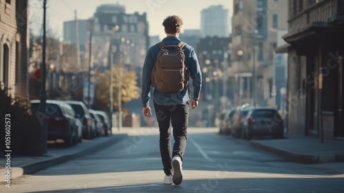 A man carrying a backpack walks along a city street, possibly on his way to work or adventure