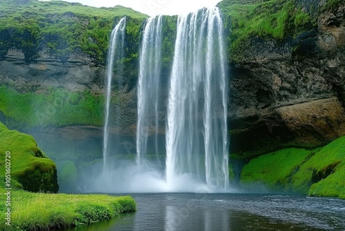 A beautiful waterfall surrounded by calm waters, ideal for use in travel or nature-focused projects