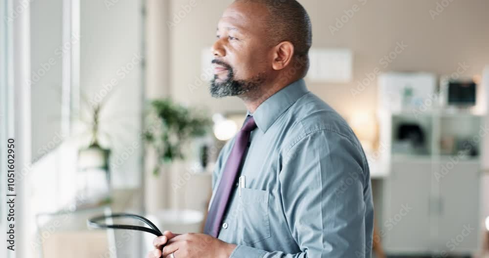 Black man, doctor and thinking by window in office for medical, surgery and brainstorming decision. Clinic, worker and stethoscope with laptop screen for patient records, database and diagnosis idea Black man, doctor and thinking by window in office for medical, surgery and brainstorming decision. Clinic, worker and stethoscope with laptop screen for patient records, database and diagnosis idea