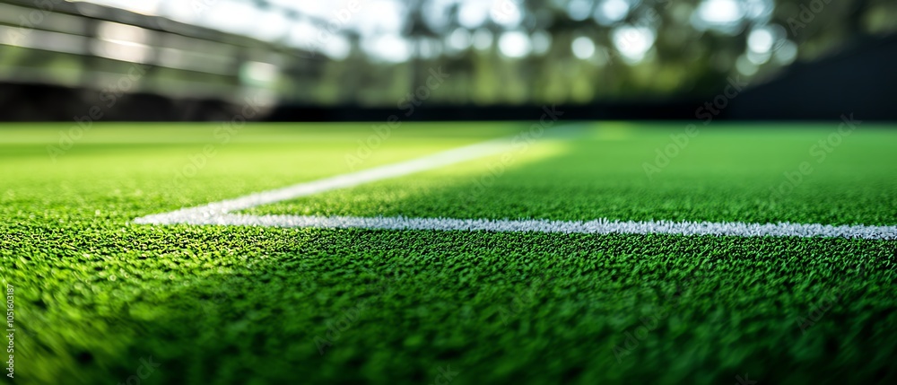 Naklejka premium Detailed closeup of a lush green sports field with bright white corner lines, vibrant colors, and sharp contrasts, highlighting the beauty of athletic venues