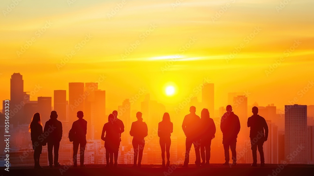 Fototapeta premium Group of people at the summit, scenic view with hills and valleys