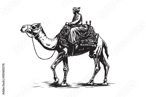 Indian Camel Rider in Rajasthani Attire - Black and White Woodcut Illustration
