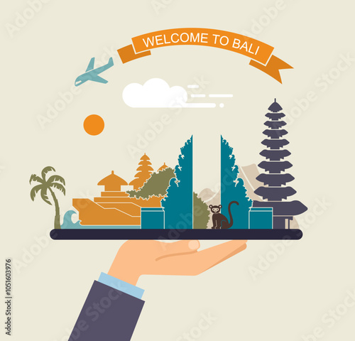 Welcome to Bali. A tourist symbol with the sights of Bali. Flat vector Illustration