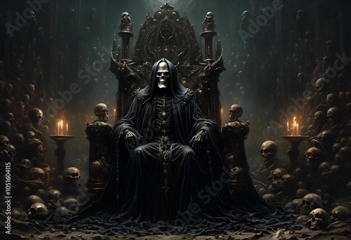 Eerie skeletal figure on a throne surrounded by skulls and candles.