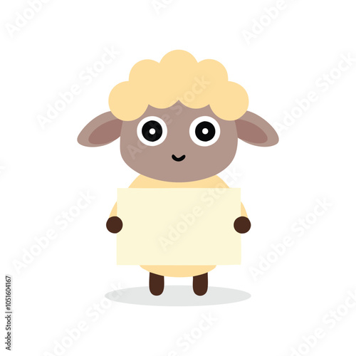 Cute cartoon sheep character holding a blank sign isolated flat vector illustration on white background