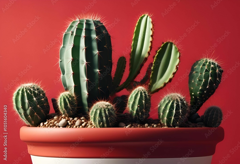 Cacti in a terracotta pot against a red background Cacti in a terracotta pot against a red background