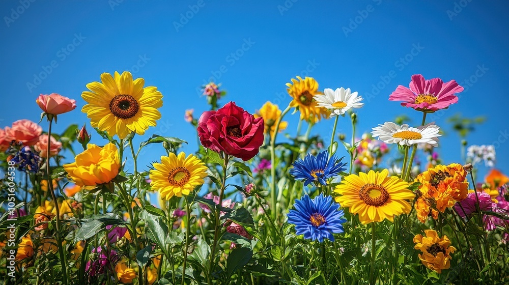 Obraz premium Vibrant flower garden bursting with colors, featuring blooming roses, daisies, and sunflowers under a clear blue sky.