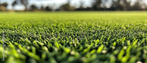 Highresolution closeup of a green sports field, emphasizing the bright white corner lines, rich textures, and the inviting look of wellmaintained turf photo