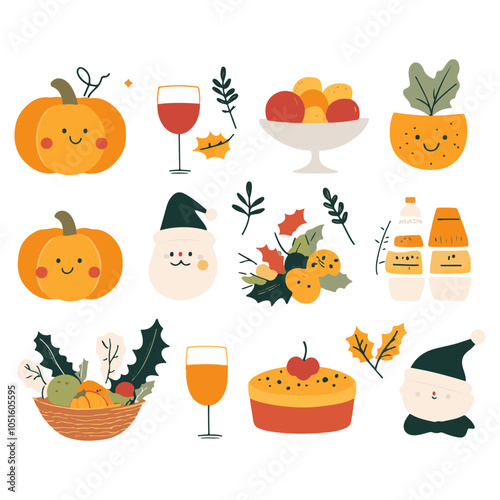 A vector illustration of cute cartoon icons for the autumn season, on a white background.