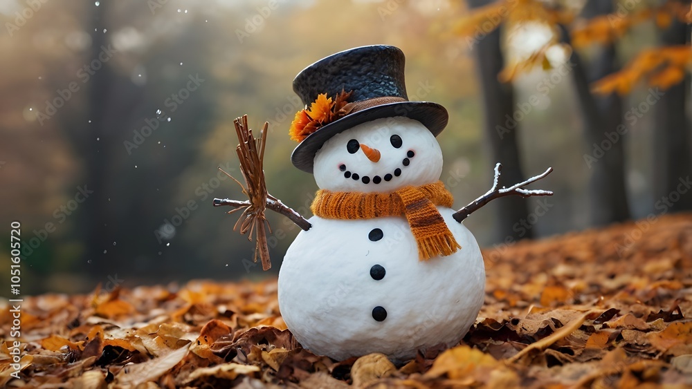 Obraz premium Snowman first snowman in autumn small snowman on fallen yellow leaves with hat and scarf