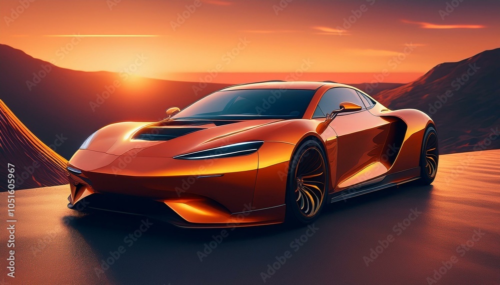 Fototapeta premium Font of a orange sport luxury car in sunset light