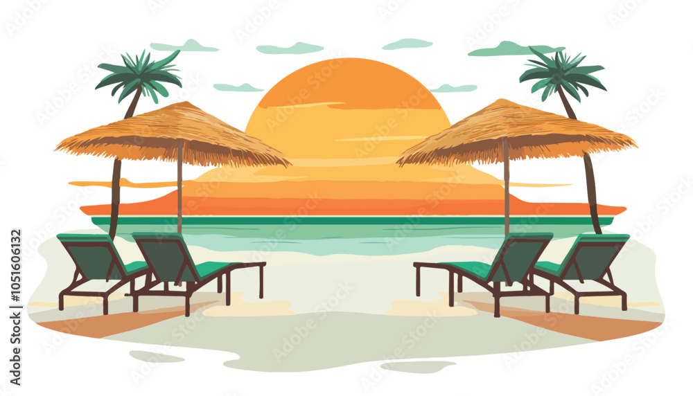 Obraz premium Colorful Beach Sunset with Palms and Lounge Chairs - Tropical Vector Illustration
