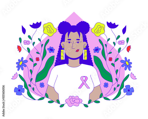 Hispanic woman promoting breast cancer awareness 2D illustration concept. Mammogram campaign. Latina female with pink ribbon cartoon character isolated on white. Metaphor abstract flat vector graphic