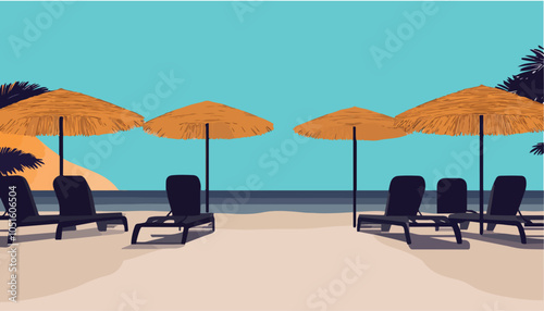 Paradise Beach Scene at Sunset with Palms and Sun Loungers - Vector Illustration