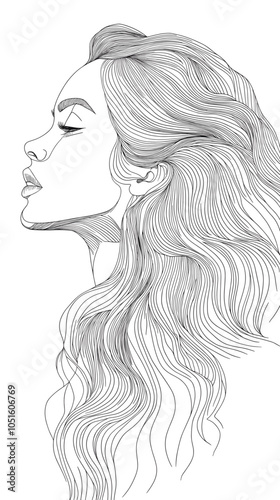 Elegant Line Art Portrait of a Woman with Flowing Hair, AI-Generated Illustration for Modern Design