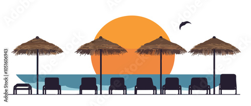 Tropical Vacation Spot - Beach Loungers Under Palm Trees at Sunset, Vector Illustration