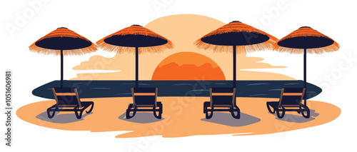 Relaxing Beach Travel Destination - Sunset with Palm Trees and Loungers, Vector Art