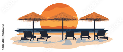 Tourism and Travel Paradise - Tropical Beach Sunset with Palms and Loungers, Vector Art