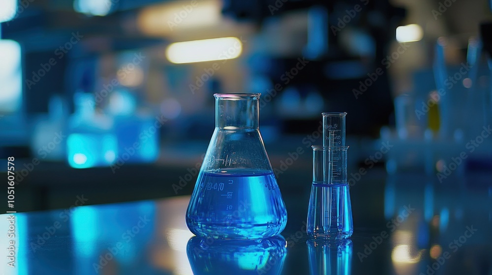 A close-up shot of a flask and two beakers filled with a blue liquid in a science laboratory. A close-up shot of a flask and two beakers filled with a blue liquid in a science laboratory.