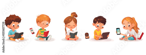 Engaging Children Reading and Using Technology Devices in a Fun, Cartoon Style Illustration