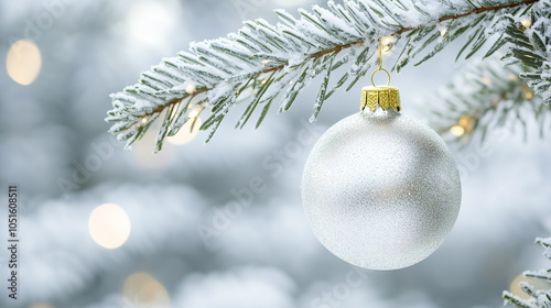 Closeup of a single sparkling silver Christmas ball or bead hanging on a winter pine branch covered in snow. Bokeh, blurred outdoor background. Christmas, Xmas, winter, festival, party, event, holiday