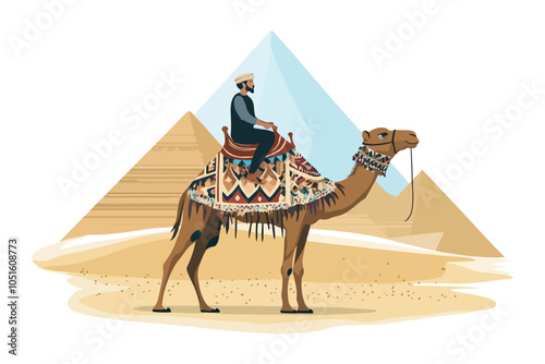 Camel Rider in Front of Egyptian Pyramids - Flat Style Travel Illustration