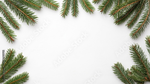 A Christmas-themed border frame decorated with blue pine leaves on a textured white background. Christmas, season, winter, new year, year-end, party, greeting, card, event, holiday, festival, bg.