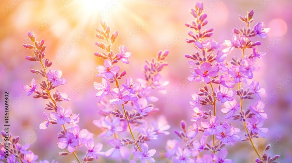 A close-up of delicate purple flowers illuminated by soft sunlight. A close-up of delicate purple flowers illuminated by soft sunlight.